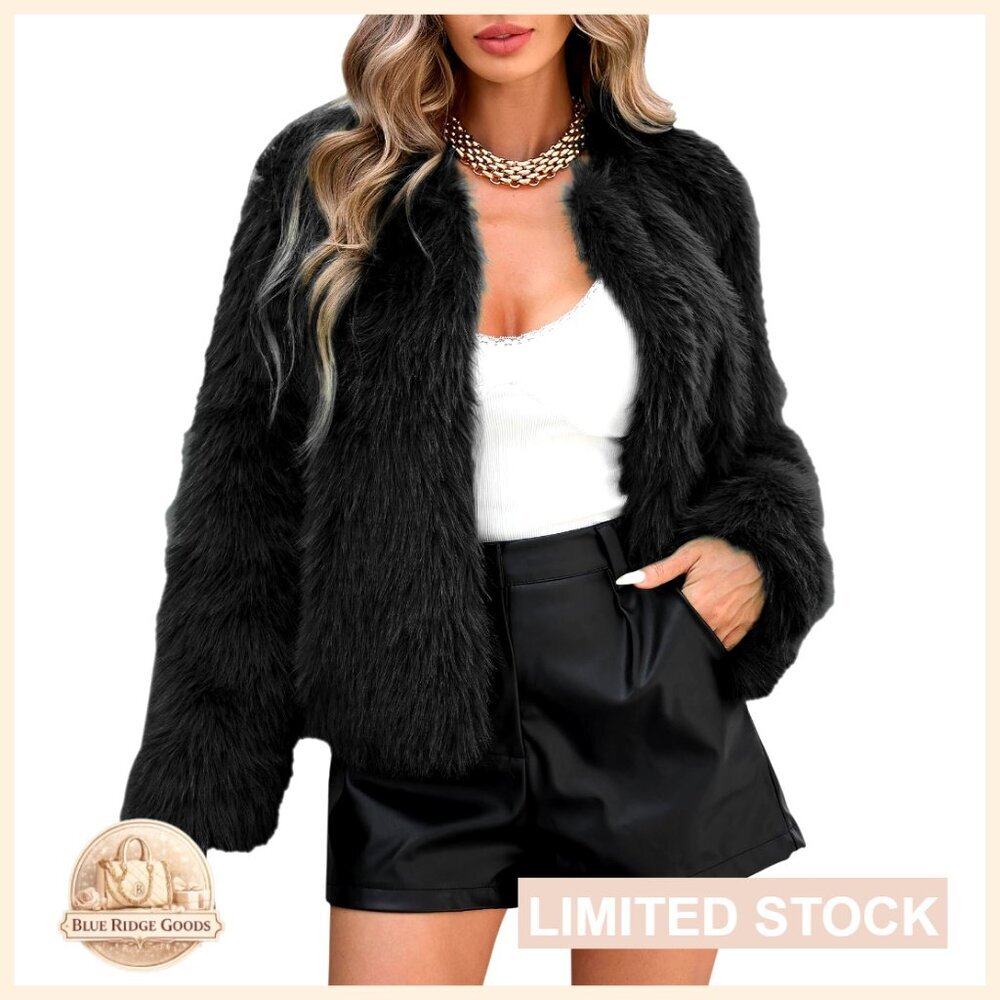 Cropped Faux Fur Jacket with Long Sleeves and Pockets